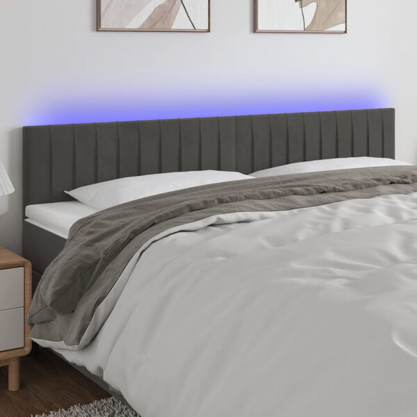 vidaXL Cabeceira de cama c/luzes LED veludo 200x5x78/88cm cinza-escuro