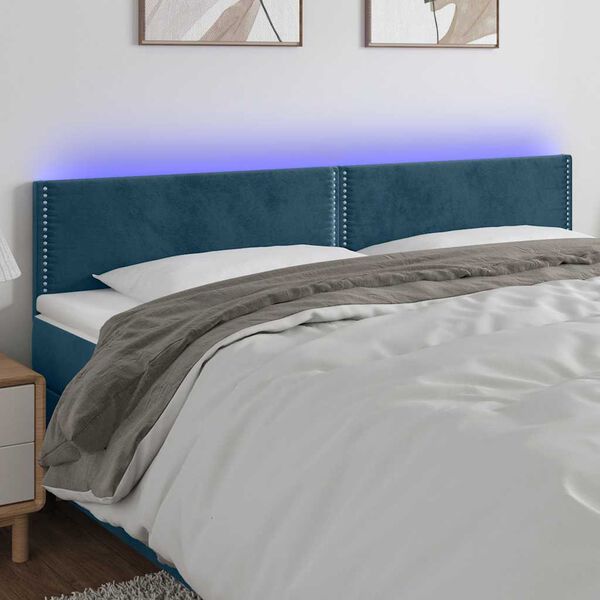 vidaXL Cabeceira de cama c/ luzes LED veludo 160x5x78/88cm azul-escuro