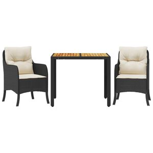 vidaXL 3 pcs conjunto de jantar p/ jardim c/ almofad&otilde;es vime PE preto