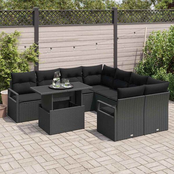 vidaXL Conjunto de Sof&aacute; de Jardim com almofada 9 pcs Preto vime PE