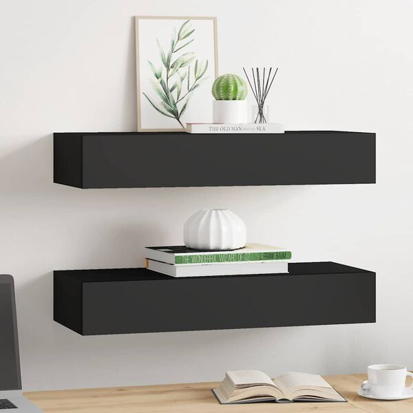 vidaXL Prateleiras de parede c/ gavetas 2 pcs MDF 60x23,5x10 cm preto