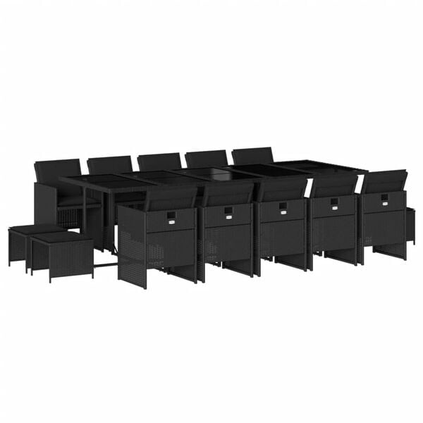 vidaXL 15 pcs conjunto de jantar p/jardim com almofad&otilde;es vime PE preto