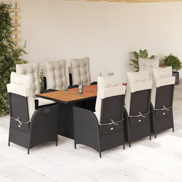 vidaXL 9 pcs conjunto de jantar p/ jardim c/ almofad&otilde;es vime PE preto