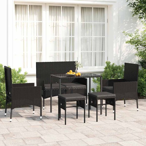 vidaXL 6 pcs conjunto lounge de jardim c/ almofad&otilde;es vime PE preto