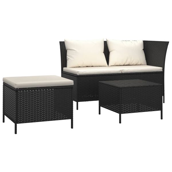 vidaXL 3 pcs conjunto lounge de jardim c/ almofad&otilde;es vime PE preto