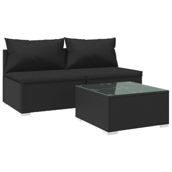 vidaXL 3 pcs conjunto lounge de jardim c/ almofadões vime PE preto