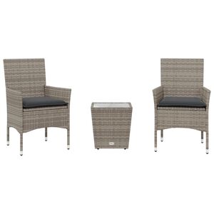 vidaXL 3 pcs conjunto de bistr&ocirc; com almofad&otilde;es vime PE/vidro cinza