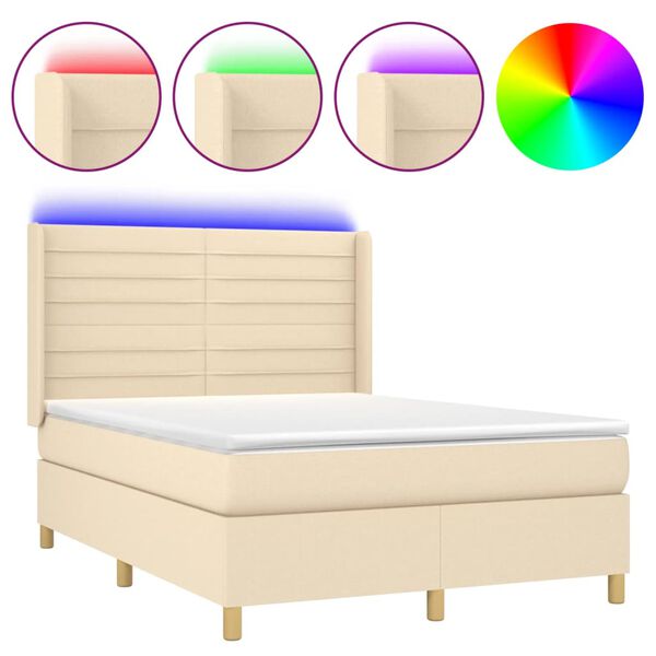 vidaXL Cama box spring c/ colch&atilde;o e LED 140x190 cm tecido cor creme