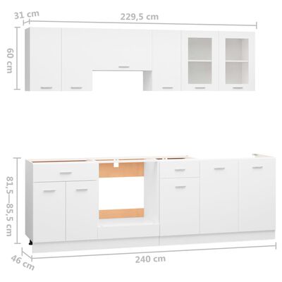 vidaXL 8 pcs conjunto armários de cozinha contraplacado branco