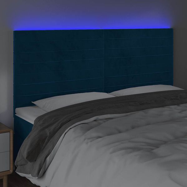 vidaXL Cabeceira cama c/ luzes LED veludo 160x5x118/128cm azul-escuro