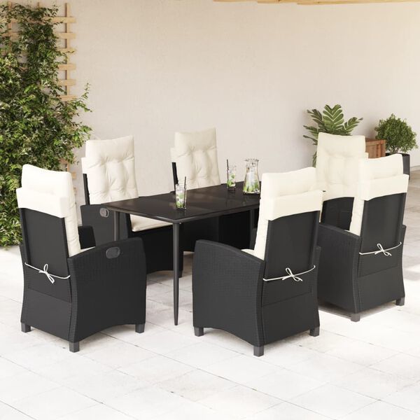vidaXL 7 pcs conjunto de jantar p/ jardim c/ almofad&otilde;es vime PE preto