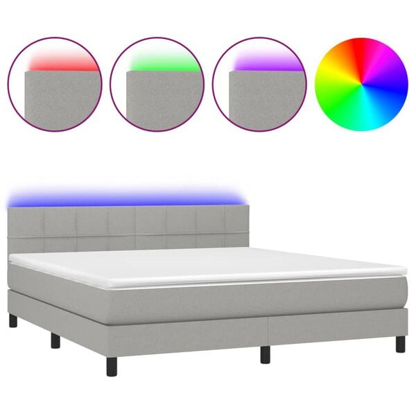 vidaXL Cama box spring c/ colch&atilde;o e LED 180x200 cm tecido cinza-claro
