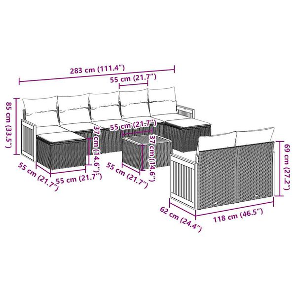 vidaXL 10 pcs conjunto sof&aacute;s de jardim c/ almofad&otilde;es vime PE preto