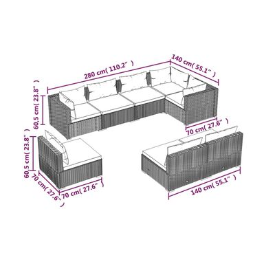 vidaXL 8 pcs conjunto lounge de jardim c/ almofadões vime PE preto
