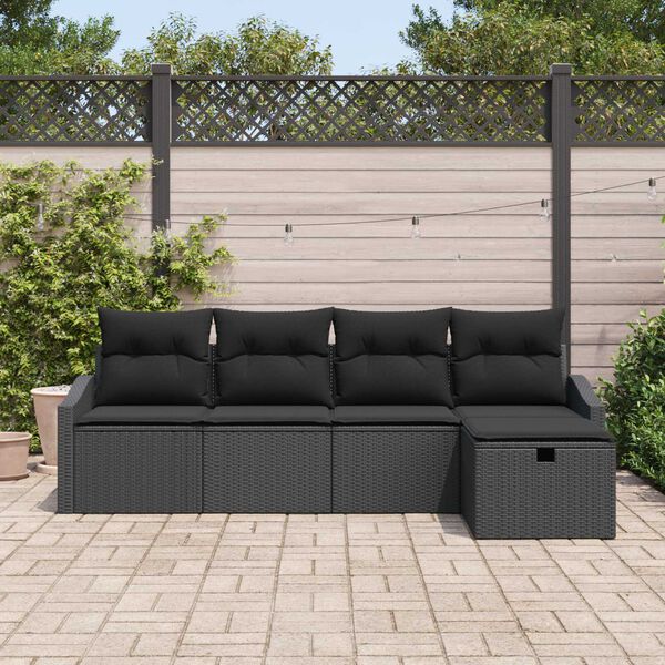 vidaXL Conjunto de Sof&aacute;s com almofada 5 pcs Preto vime PE