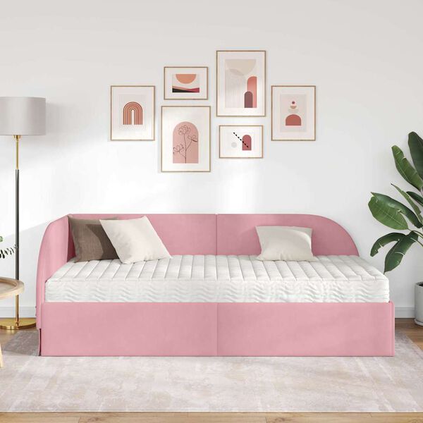 vidaXL Estrutura de Cama de Canto com Colch&atilde;o Manual 2 pcs Rosa Veludo