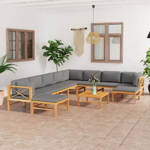 vidaXL 11 pcs conj. lounge jardim c/ almofad&otilde;es cinzentos teca maci&ccedil;a