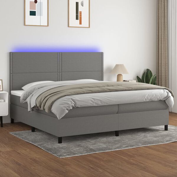 vidaXL Cama box spring c/ colch&atilde;o e LED 200x200 cm tecido cinza-escuro
