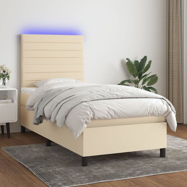 vidaXL Cama box spring c/ colch&atilde;o e LED 90x190 cm tecido cor creme