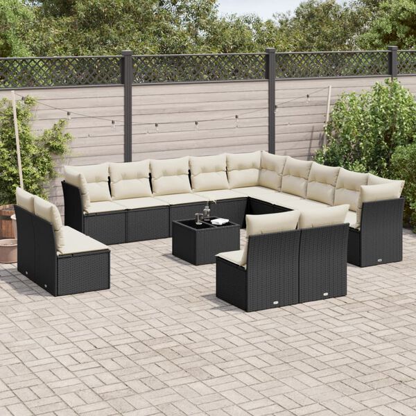 vidaXL 14 pcs conjunto de sof&aacute;s p/ jardim c/ almofad&otilde;es vime PE preto