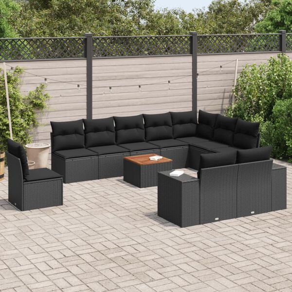 vidaXL 11 pcs conjunto sof&aacute;s de jardim c/ almofad&otilde;es vime PE preto