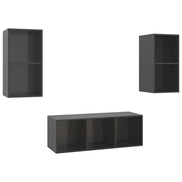 vidaXL 3 pcs conjunto m&oacute;veis de TV derivados madeira cinza brilhante
