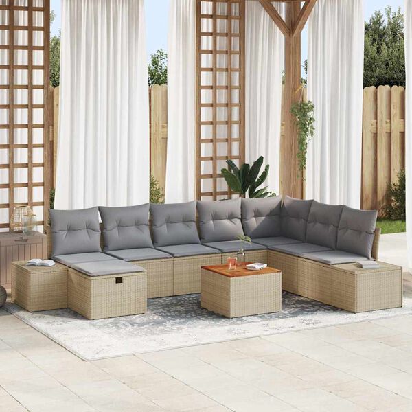 vidaXL Conjunto de Sof&aacute; de Jardim 9 pcs Bege Rattan Sint&eacute;tico