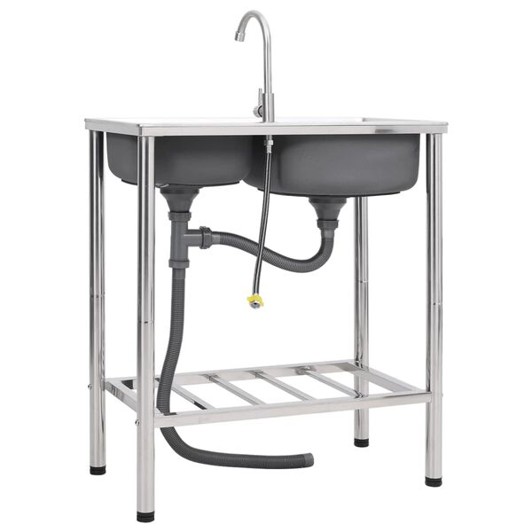 vidaXL Lava-louça de campismo duplo com torneira aço inoxidável