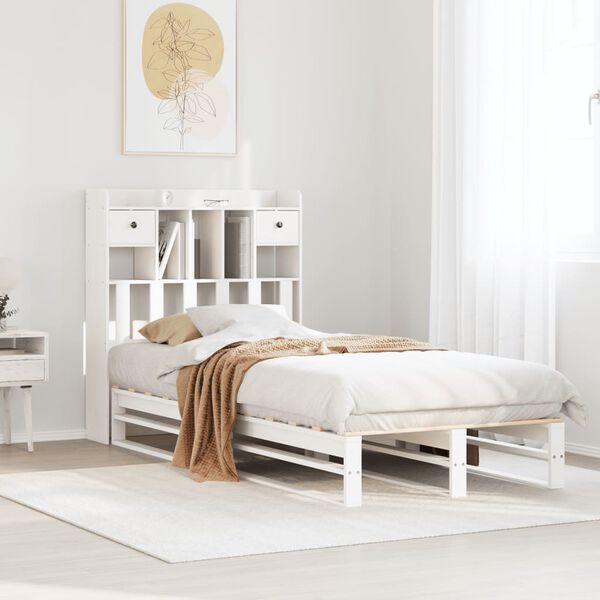 vidaXL Cama com estante sem colch&atilde;o 90x190 cm pinho maci&ccedil;o branco