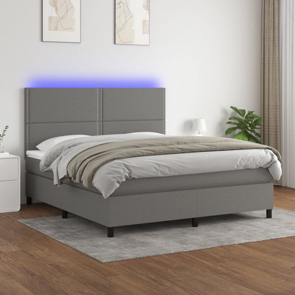 vidaXL Cama box spring c/ colch&atilde;o e LED 180x200 cm tecido cinza-escuro