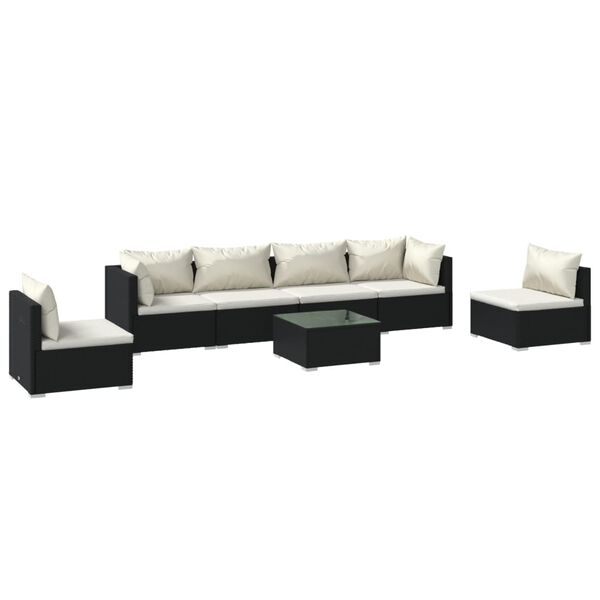 vidaXL 7 pcs conjunto lounge de jardim c/ almofad&otilde;es vime PE preto