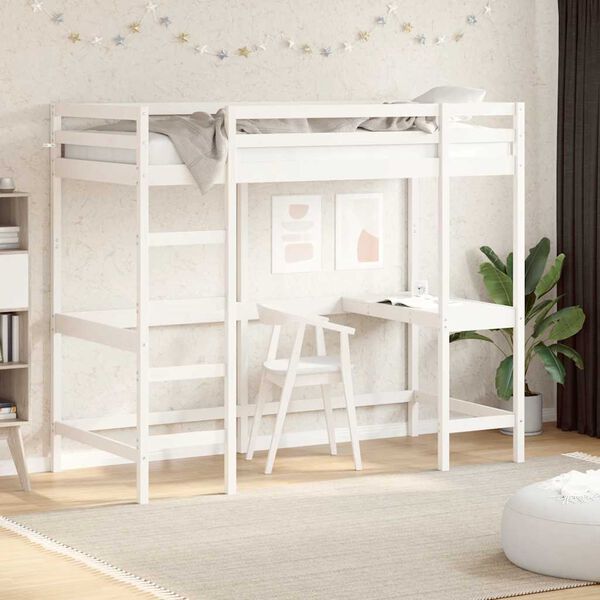 vidaXL Cama alta com secret&aacute;ria 90x190 cm pinho maci&ccedil;o branco