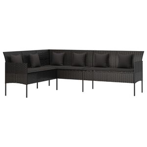 vidaXL Sof&aacute; em forma de L p/ jardim c/ almofad&otilde;es vime PE preto