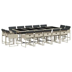 vidaXL 15 pcs conj. jantar jardim c/ almofad&otilde;es vime PE cinzento-claro