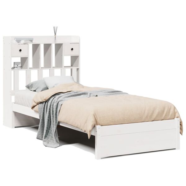 vidaXL Cama com estante sem colch&atilde;o 90x200 cm pinho maci&ccedil;o branco