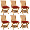 vidaXL Cadeiras de jardim c/ almofad&otilde;es vermelhos 6 pcs teca maci&ccedil;a