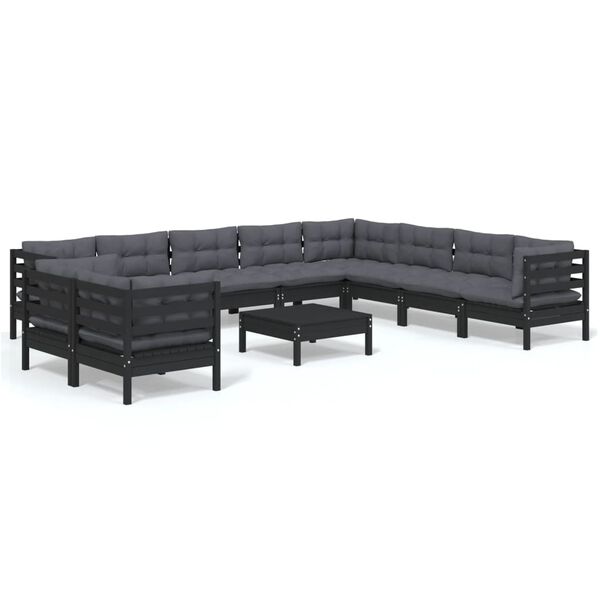 vidaXL 11 pcs conjunto lounge jardim c/ almofad&otilde;es pinho maci&ccedil;o preto