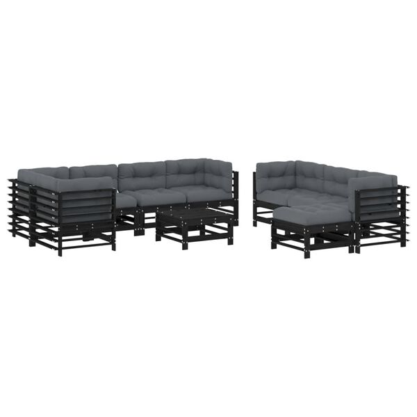 vidaXL 10pcs conjunto lounge jardim c/ almofadões madeira maciça preto