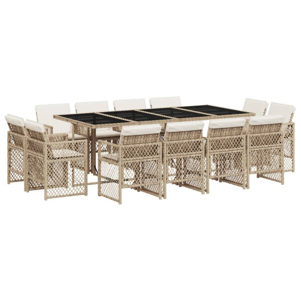 vidaXL 13 pcs conjunto de jantar p/ jardim com almofad&otilde;es vime PE bege
