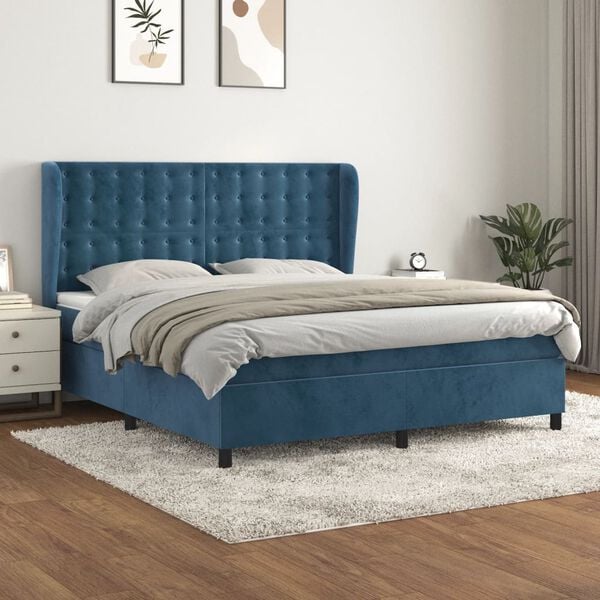 vidaXL Cama com molas/colch&atilde;o 180x200 cm veludo azul-escuro