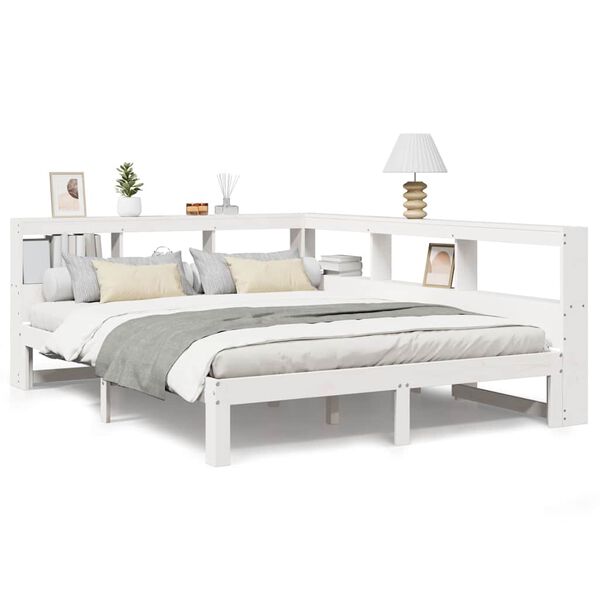 vidaXL Cama com estante sem colch&atilde;o 140x200 cm pinho maci&ccedil;o branco
