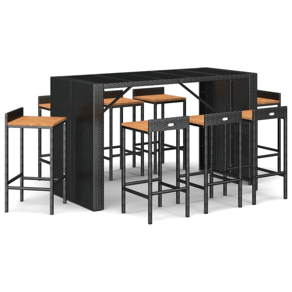 vidaXL 9 pcs conjunto de bar p/ jardim vime PE/acácia maciça preto
