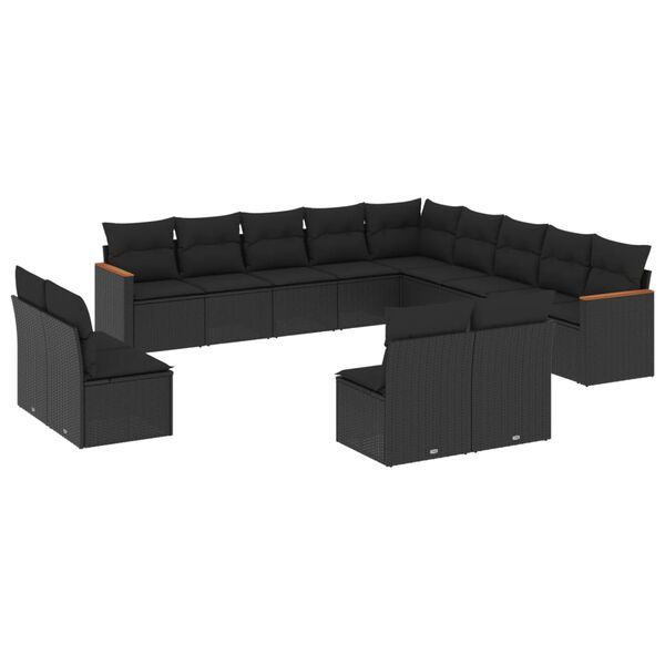 vidaXL 13 pcs conjunto de sof&aacute;s de jardim com almofad&otilde;es vime PE preto