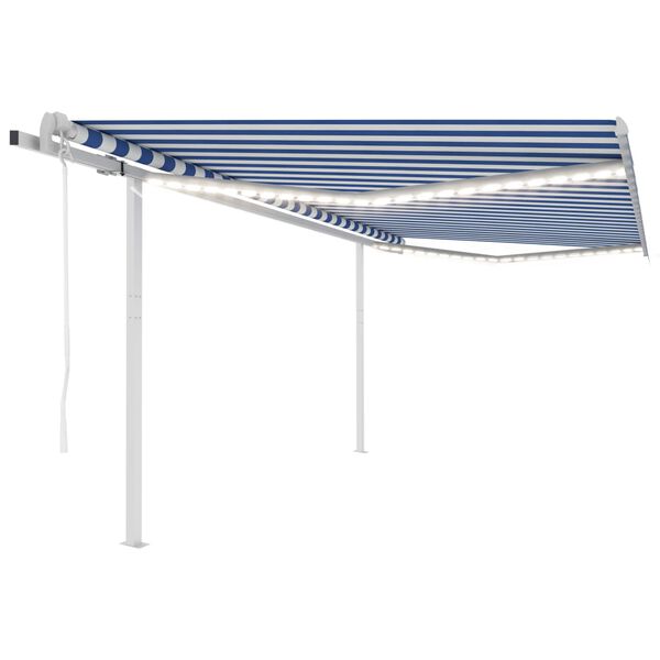 vidaXL Toldo autom&aacute;tico LED e sensor de vento 4x3,5 m azul e branco