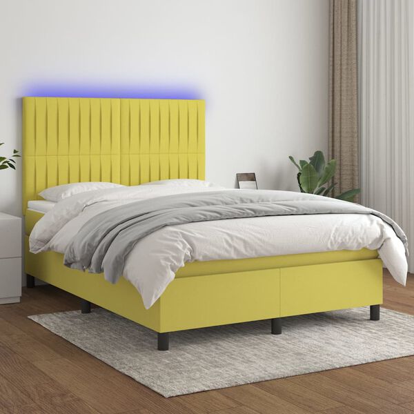 vidaXL Cama box spring c/ colch&atilde;o e LED 140x190 cm tecido verde