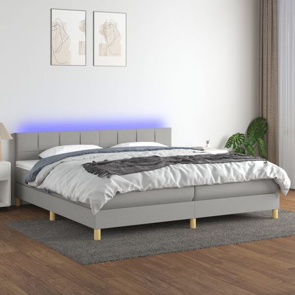 vidaXL Cama box spring c/ colch&atilde;o e LED 200x200 cm tecido cinza-claro
