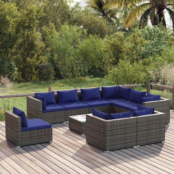 vidaXL 10 pcs conjunto lounge de jardim c/ almofadões vime PE cinzento