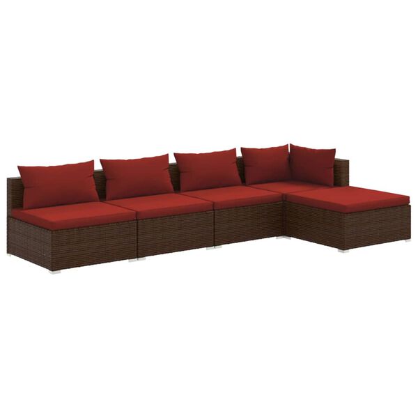 vidaXL 5 pcs conjunto lounge jardim c/ almofad&otilde;es vime PE castanho