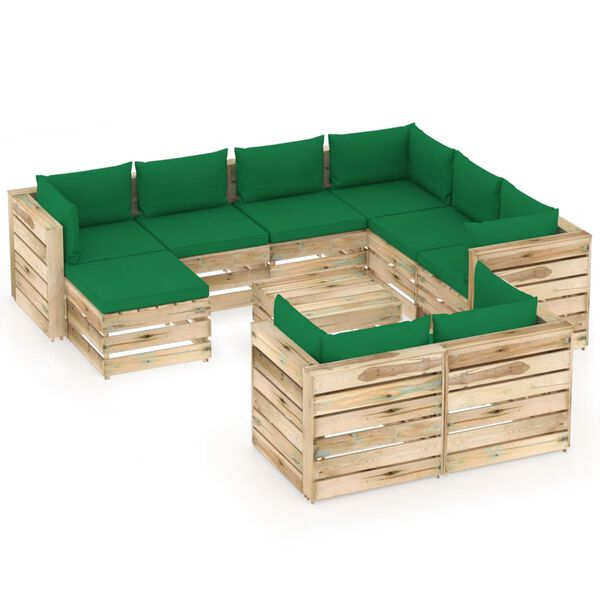 vidaXL 10 pcs conj. lounge jardim c/ almofad&otilde;es madeira impreg. verde