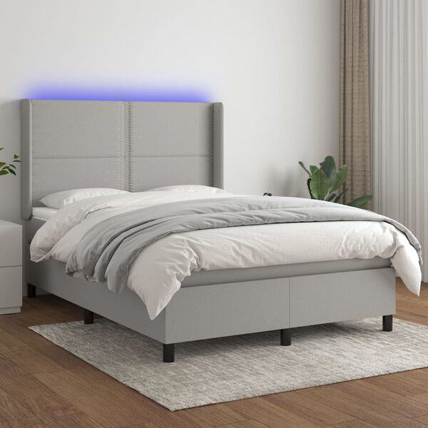 vidaXL Cama box spring c/ colch&atilde;o e LED 140x190 cm tecido cinza-claro
